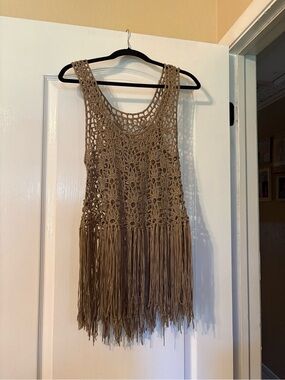 Boho Crochet Fringe Tunic Tank Top - Tan